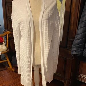 Michael Kors White Textured Rib Knit Open Front Cardigan with Gold Logo, size L
